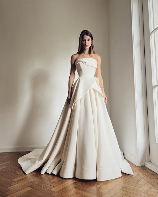 Eine Linie mattes Satinbrautkleider für Hochzeit drapierte trägerlose formale Partykleider Brautkleid Vestidos de Novia