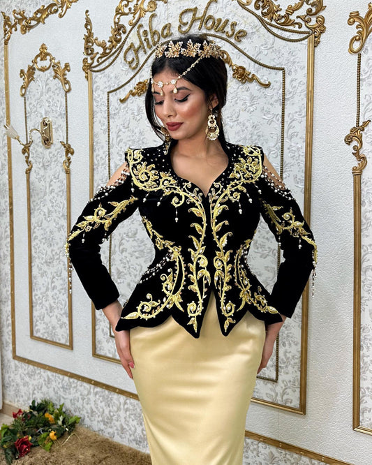 V-Neck Mermaid 2 Pieces Traditional Algerian with Overskirt Velour Gold Lace Formal Dress vestido de noiva Outfits