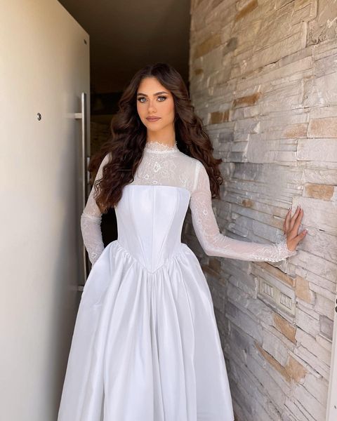 Vestidos de novia de satén con mangas largas y modernas, vestidos de cuello alto con flores, vestido Formal de princesa para novia