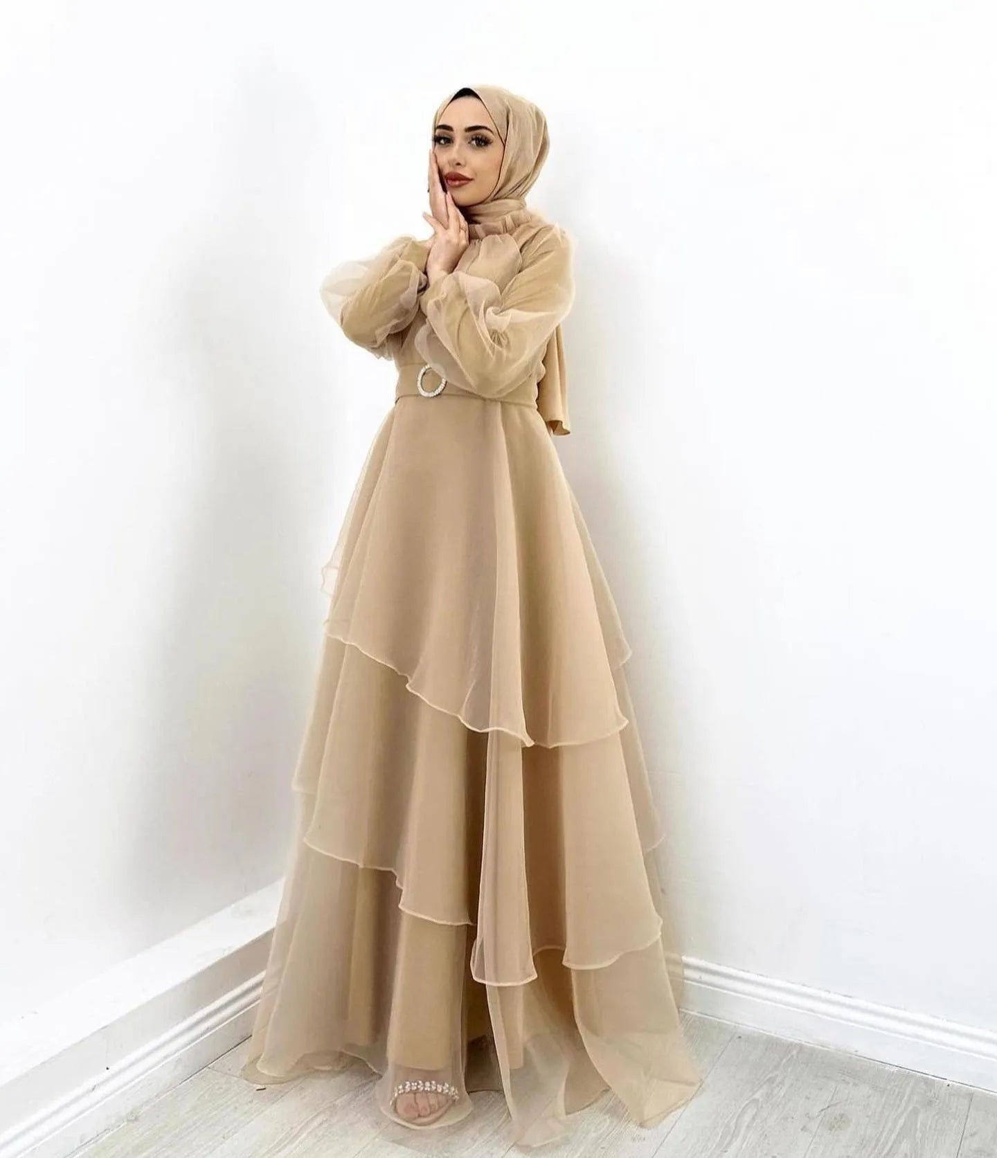 Organza Muslim Prom Dresses High Neck Long Sleeves Layered Women Party  Gowns Ankle Length Formal Evening Dress Brown