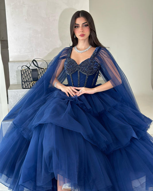 Elegant Royal Blue Tulle Evening Dresses Appliques Tiered Long Cape Sleeves Women Formal Occasion Prom Dress for women