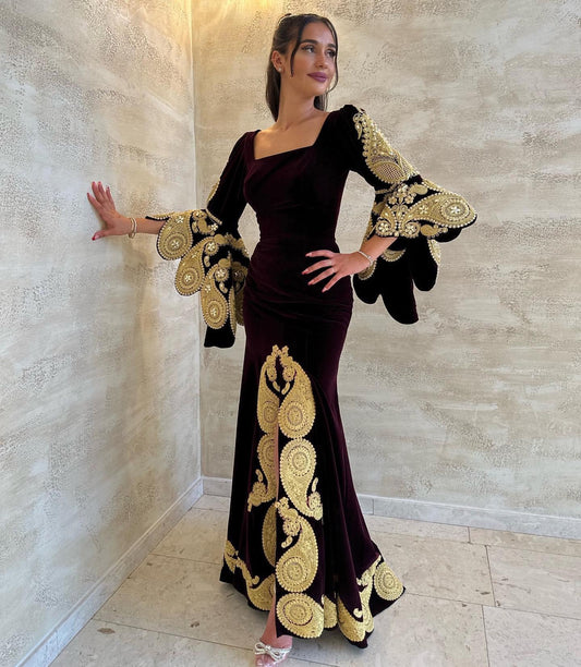 Elegant Arabic Mermaid Velvet Evening Dresses Square Collar Long Cape Sleeves Appliques Prom Gowns Algerian Outfits