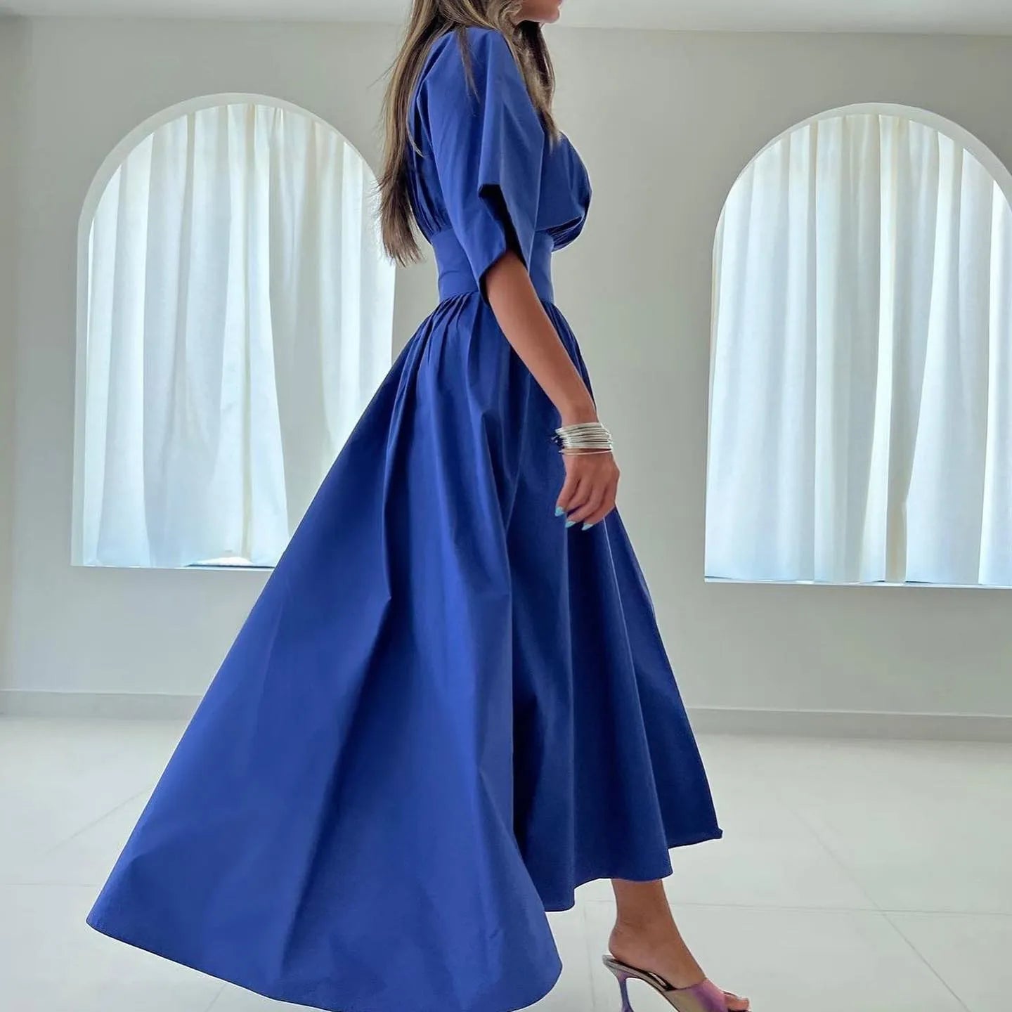 Vestido de noche azul real saudí sencillo con escote en V, plisado, co