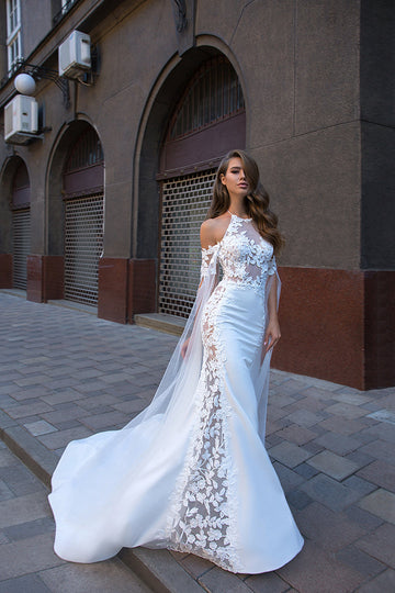 Graciös sexig vit satin halter hals sjöjungfru bröllopsklänningar applikationer illusion tyll brud klänningar anpassade vestidos de novia