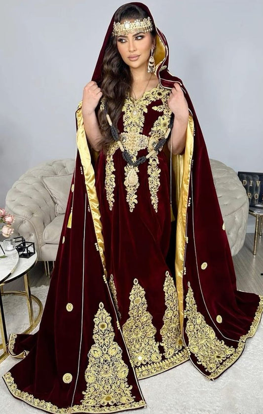 Elegant Burgundy Mermaid Kaftan Evening Dress Lace Appliques Cape Prom Gown Mid Slit Floor Length Algerian Outfit