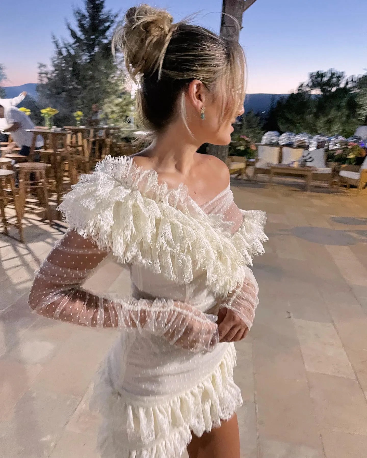 Mini Dotted Tulle Wedding Dress Off Shoulder Ruched Short Pleated Bodice Full Sleeves Cocktail Lady Princess Bridal Gowns
