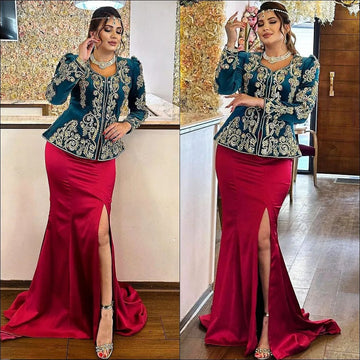 Arabic Mermaid Velvet Evening Dress Square Collar Lace Applique Prom Gown Side Slit Floor Length Algerian Outfit