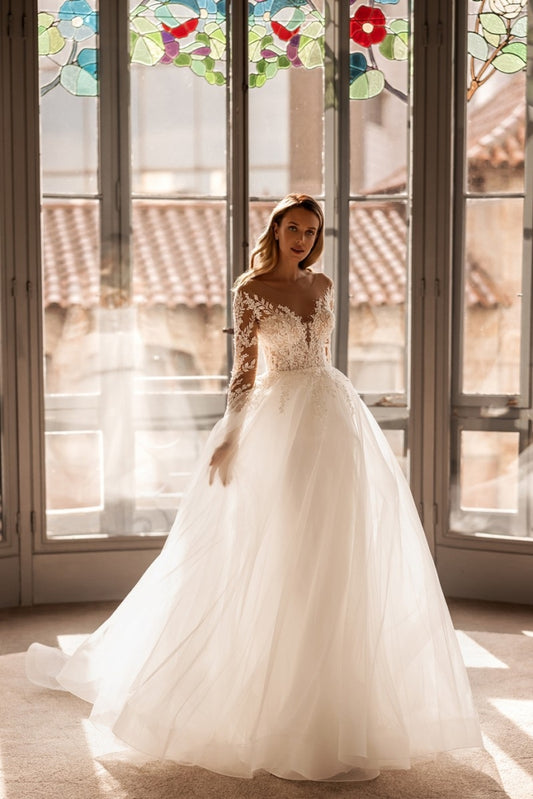 Lussuoso abiti da sposa di una linea per donna abito da sposa semplice formale sexy in pizzo appliques a maniche lunghe a maniche lunghe