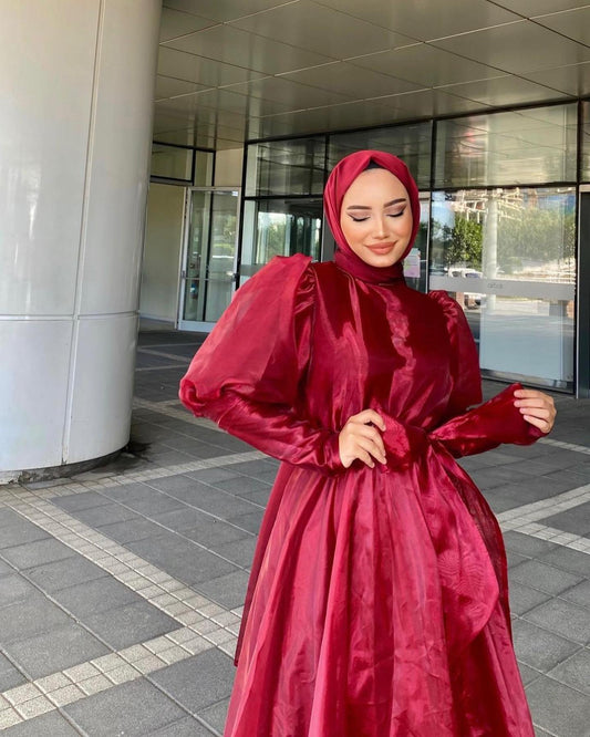 Simple Red Formal Prom Gowns Muslim High Neck Organza A-Line Ruffles Floor Length Evening Party Dress Event Dress