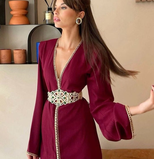 Modest Burgundy Karakou Algerian Evening Dresses A-Line Deep V-Neck Long Flare Sleeves Floor Length Formal Prom Gowns