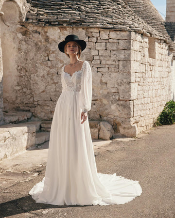 Vestidos De novia elegantes De línea a para mujer, vestido De novia plisado con espalda abierta y encaje De manga larga abombada, Vestidos De novia