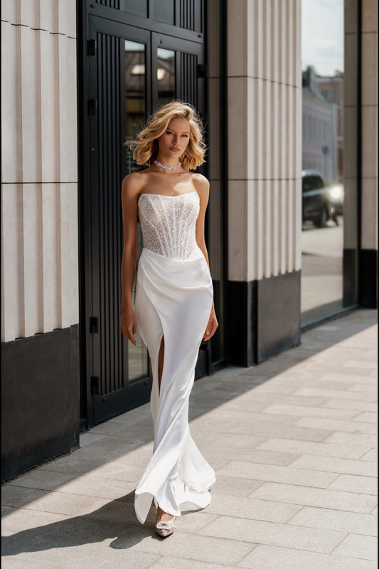 Formal Mermaid Wedding Dresses White Strapless Sequines Bridal Dress Boho Beach Side Slit Wedding Prom Gown Custom Size