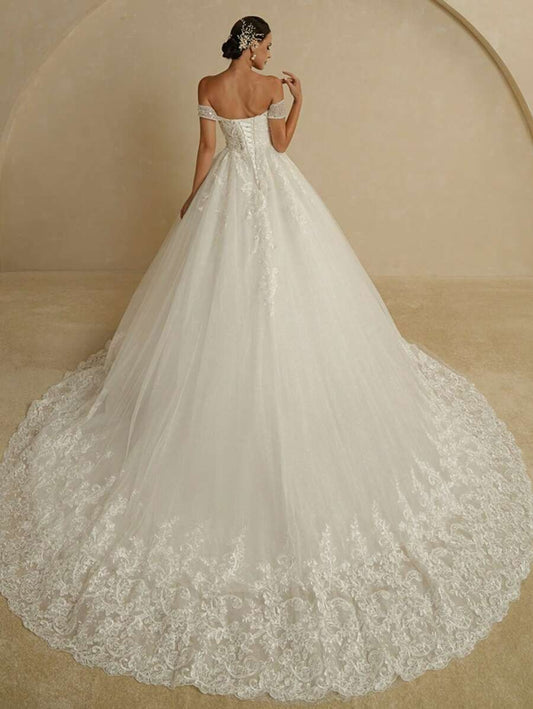 Robe de mariée exquise pour femme robe de bal hors de l'épaule sans manches robe de mariée applications en dentelle de balayage