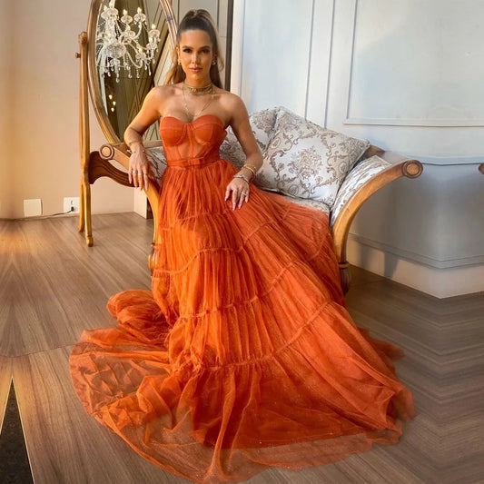 Glitter Orange Strapless A-line Prom Dresses Sexy فساتين الحفلات Multilayer Vestidos De Noche Strapless فساتين السهرة