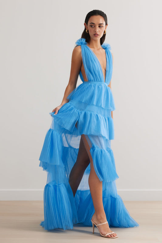 Blue Prom Dresses V Neck Special Occasion Dress Tiered Tulle Backless Side Split Wedding Party Gown Graduation Dress