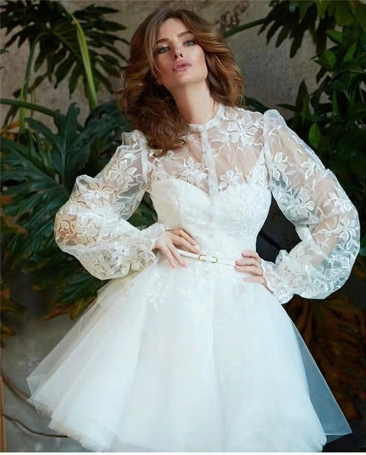 Elegant Lace Applique Tulle Short Wedding Dresses Puff Long Sleeves High Neck Mini Sexy Bridal Party Gowns Robe de mariage