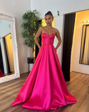 Fuchsia Satin Prom Dresses Strapless A-line Wedding Dress Elegant Sleeveless Floor-Length Heart Neck Vestidos De Fiesta