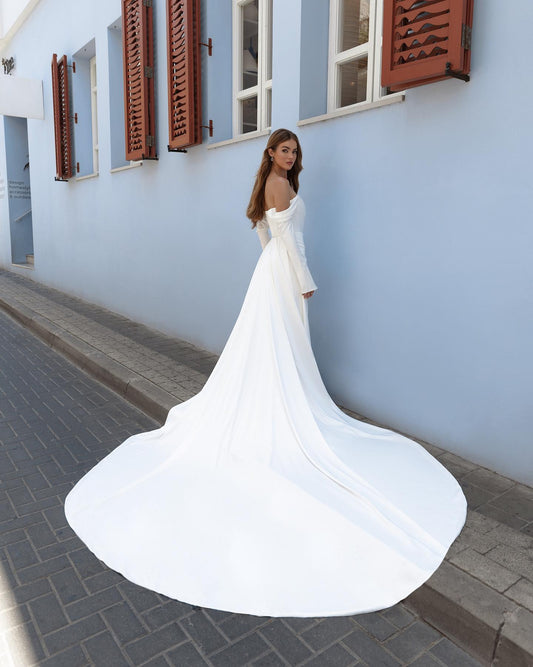 Sol Simple Off The Shoulder Three Quarter Sleeve Satin Wedding Dress Sexy Back Up Side Slit Mermaid Bridal Gown Robe De Mariee