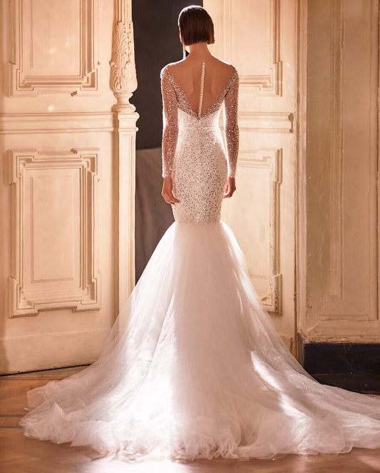 Luxus glänzende Brautkleider Pailletten mit Tulle Meerjungfrau Kleider O-Neck Full Sleeve Elegante Kleider Button Vestido de Casamento
