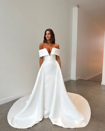 Luxury Solid Wedding Dresses Off The Shoulder V Neck Satin Mermaid Evening Prom Dress With Train Bride Gowns