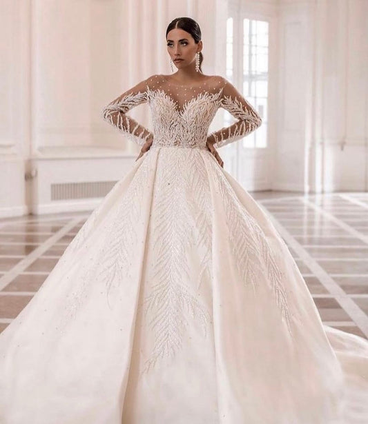 Luxury Arabic Dubai Beads Crystals Ball Gown Wedding Dresses Vestido De Noiva Soft Tulle Long Sleeve Wedding Bridal Gowns As Picture