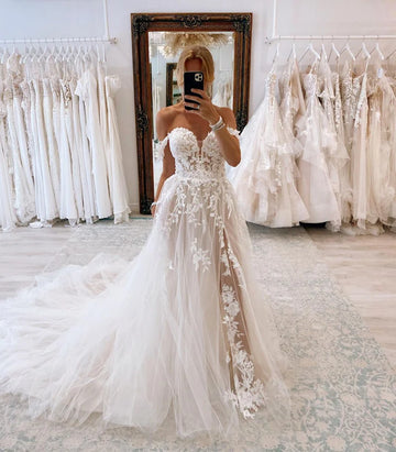 Kapokdressy Sweetheart Slit Trouwjurk A-lijn TULLE BRIDE GAAD GEBRUIKTE GEMAAKTE ELEGANTE Vestidos de Novia Robe de Mariée