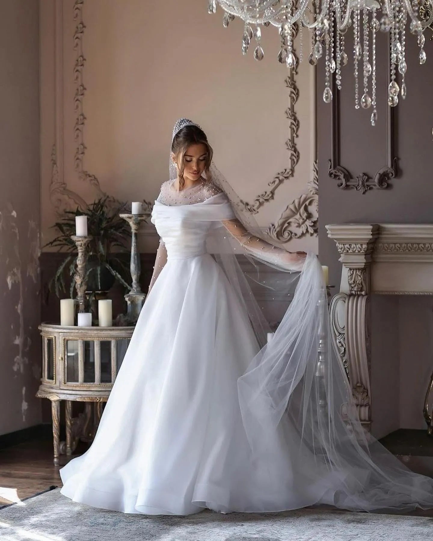 Fairy Long Sleeve Beaded Wedding Dresses A-Line Pleated Sweep Train Elegant Vestido de novia Robe de soirée for Women Champagne 50cm