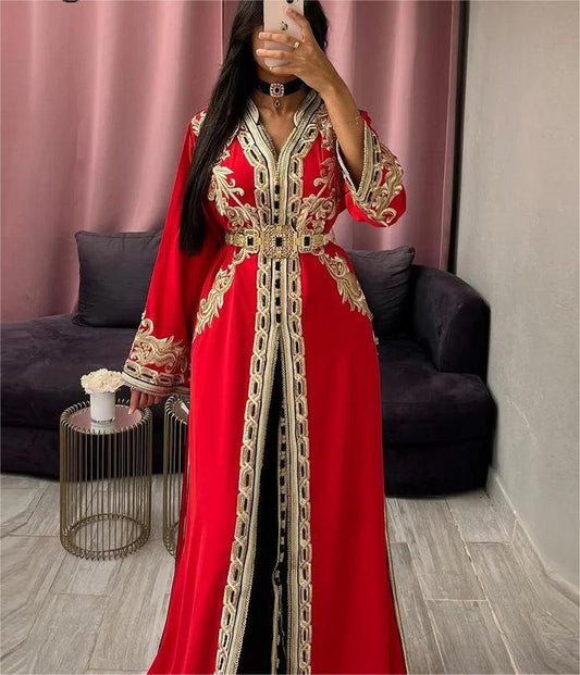 Elegant Arabic Mermaid Evening Dress V-Neck Lace Appliques Prom Gown High Mid Slit Floor Length Algerian Outfit