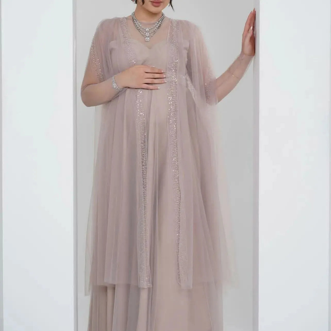 Ash Pink Maternity Prom Dress Empire Ruched Pregnant Dress Long Sleeve