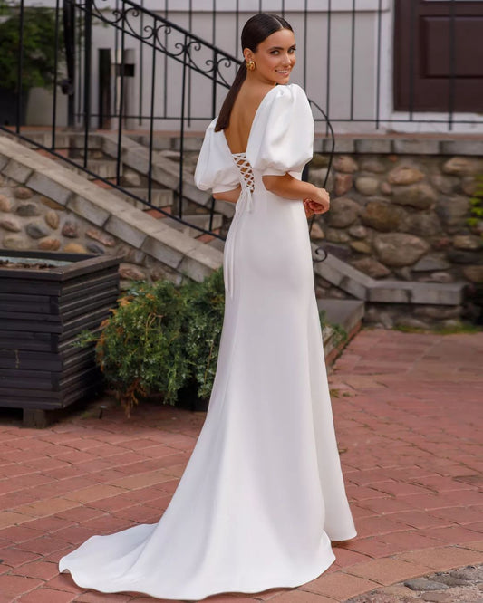 Simple Wedding Dresses Sheath Satin Bridal Gowns Short Puff Sleeves Robes For Formal Party V-Neck Elegant Vestidos De Novia
