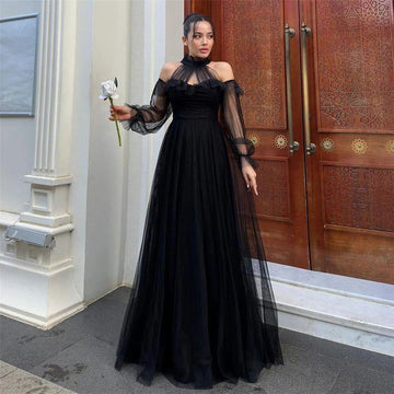 Mature Black Tulle Prom Dress Halter Off The Shoulder Long Sleeves Ruched Floor Length Evening Dress vestidos de gala