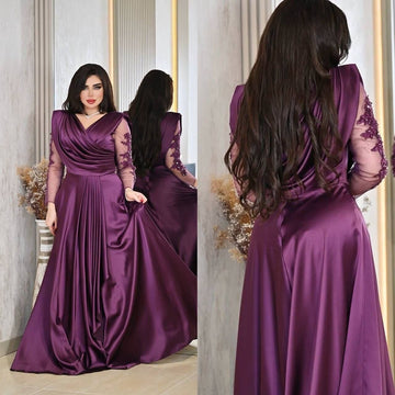 Purple Satin robes de soirée V-neck Plus Size Lace Illusion Sleeves Prom Dresses Floor-length A-line Wedding Dress