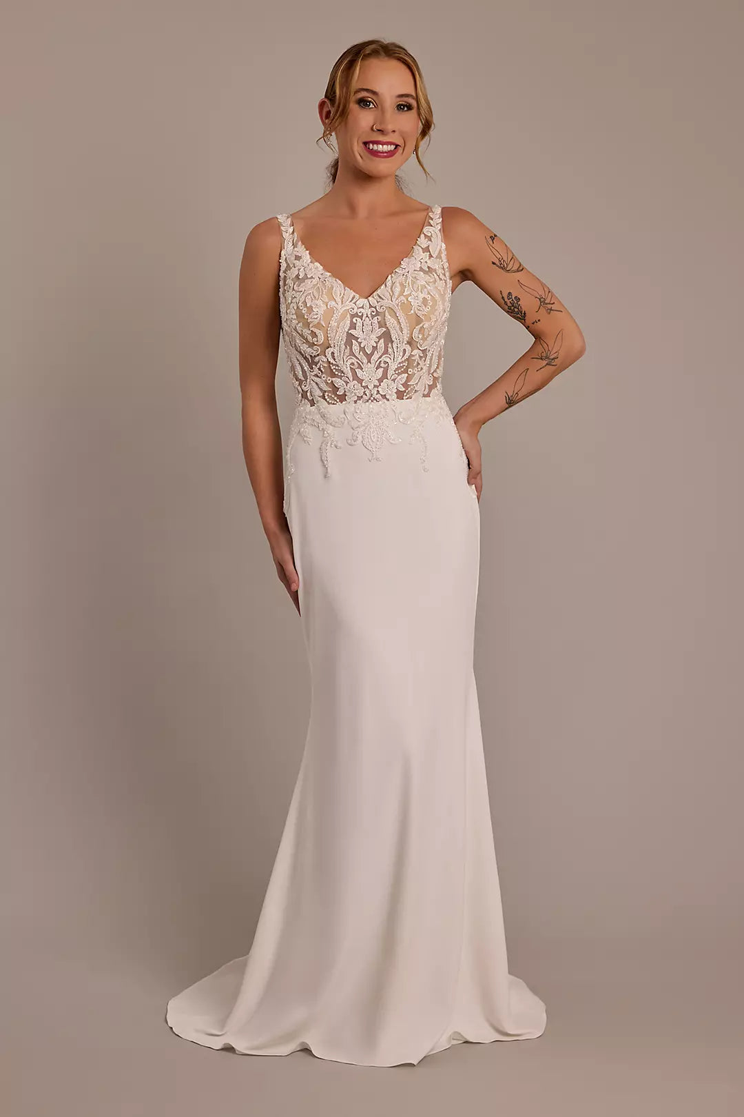 illusion lace bodice crepe tank wedding dress