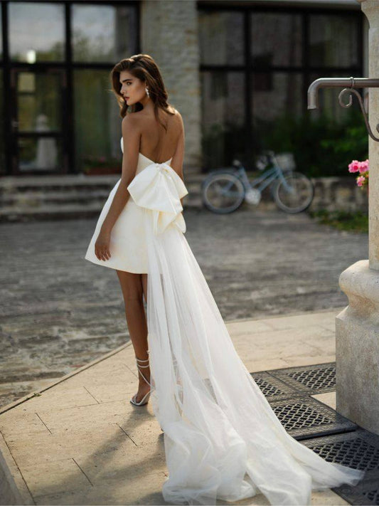 Simple Mini Wedding Dresses Women White Strapless Short Satin Wedding Gowns Saudi Arabia Bridal Prom Dress Customized