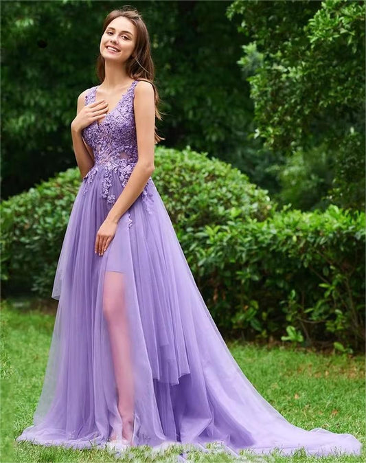 bestidos de gala A Line Lilac Lace Appliqued Evening Dress V Neck Special Occasion Formal Party Long Prom Gowns