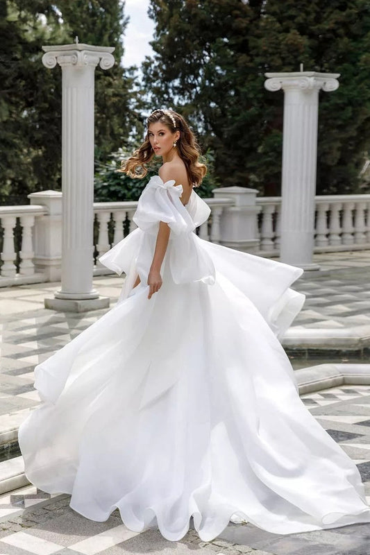 Fashion Sweetheart Puff Sleeves Bridal Gowns Stain A-Line Strapless Bride Dress A Line Backless Simple Wedding Dress Mopping