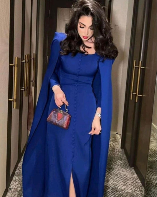 Royal Blue Mermaid Evening Dresses Floor-length Party Dress With Shawl Arabic Prom Gowns Slit Vestidos De Noche