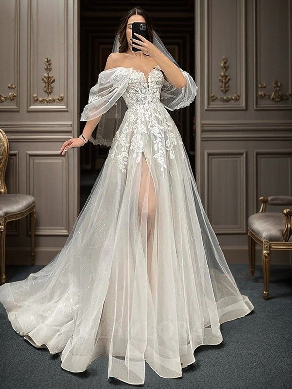 Ivory A-Line Wedding Dresses Women V-Neck Short Sleeves Long Bride Dress Sweep Train Lace Applique Custom Occasion Gowns