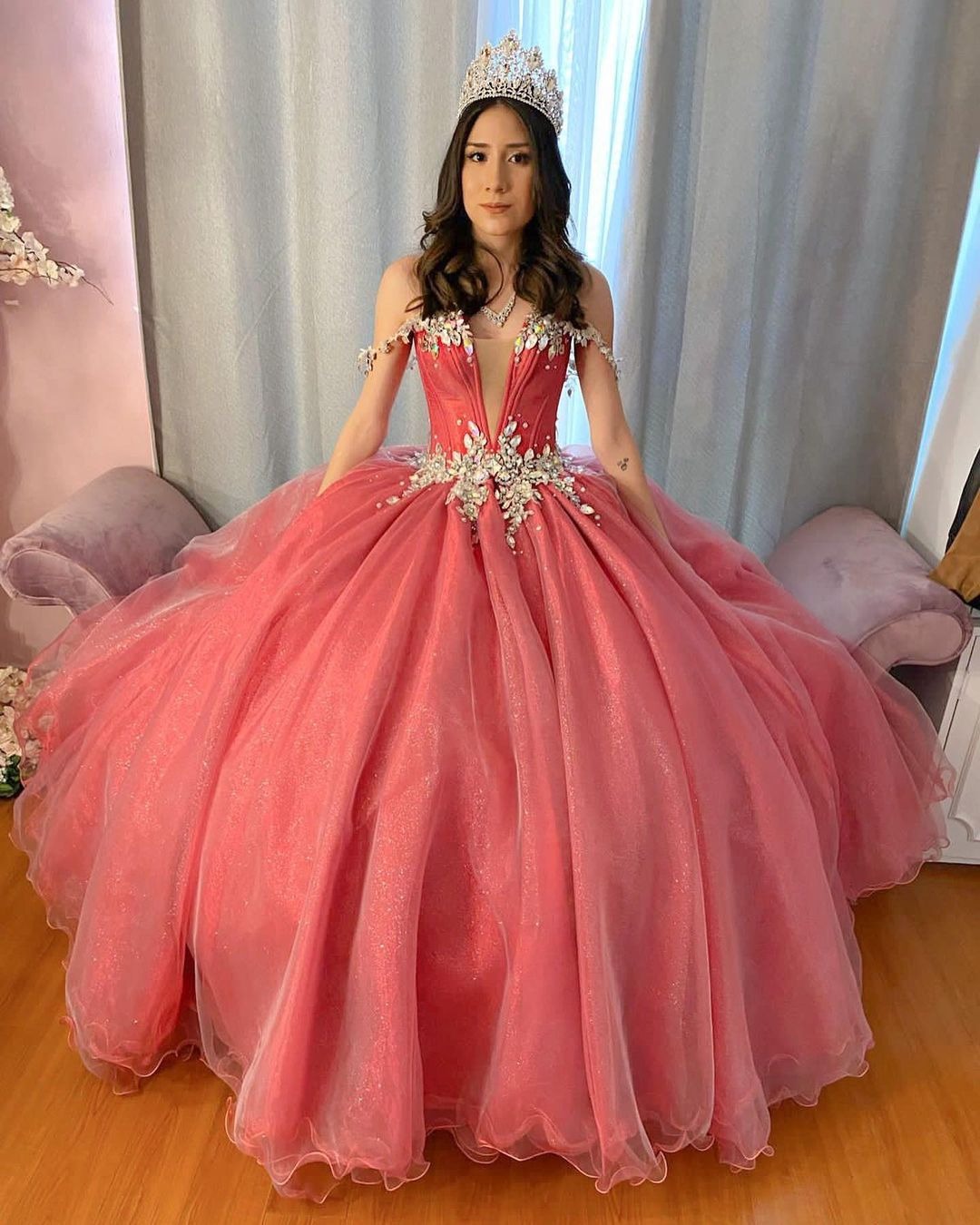 Vestido para quinceañeras con cristales brillantes, vestido De baile con hombros descubiertos, Vestidos De 15 años, vestido Formal para fiesta De cumpleaños y graduación