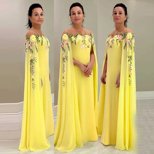 Fairy Yellow Chiffon Prom Dress Mermaid Cap Sleeves Appliques Formal Evening Dress Slit Floor Length Party Gowns