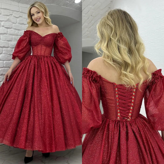 Exquisite Red Glitter SequinProm Dresses Half Puff Sleeves Pleat Ruched Homecoming Dress vestidos de graduación