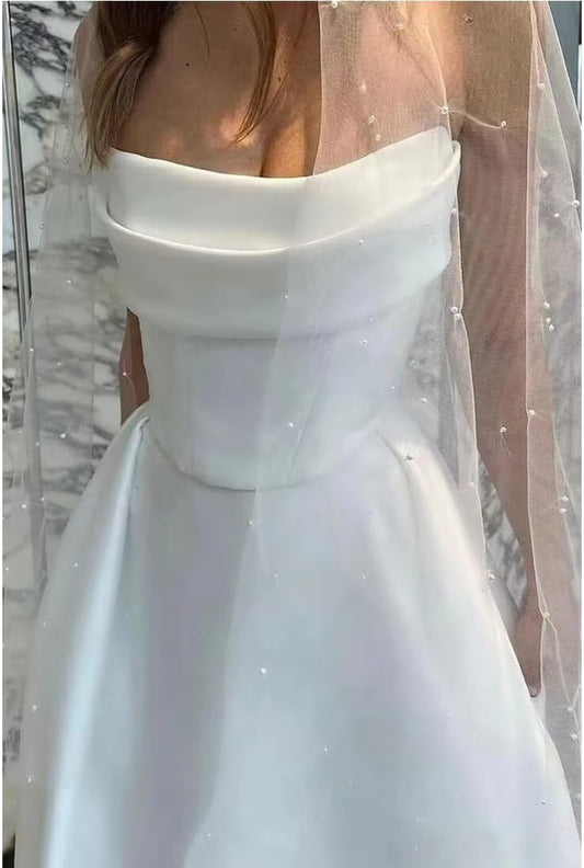 White Satin A Line Wedding Dresses Strapless Hight Split Long Wedding Party Gowns with Train Simple Bride Dress