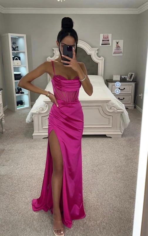 Bright Fuchsia Silk Satin Prom Dresses Appliques Pleats Women Formal Evening Dress Split Side Spaghetti Strap Outfits