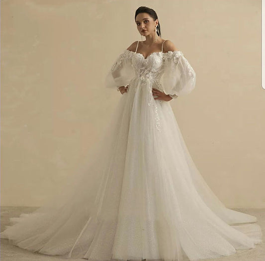 BEPEITHY Sweetheart Glitter A Line Wedding Dress For Women Bride Detachable Full Sleeves Elegant Bridal Party Gown Luxury