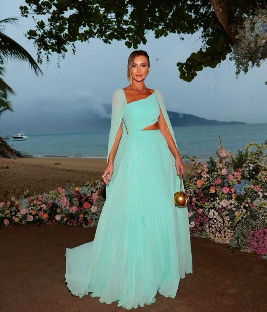 Elegant Mint Green Chiffon Prom Dress A-Line Long Cape Sleeves Floor Length Formal Evening Dress Women Party Gowns