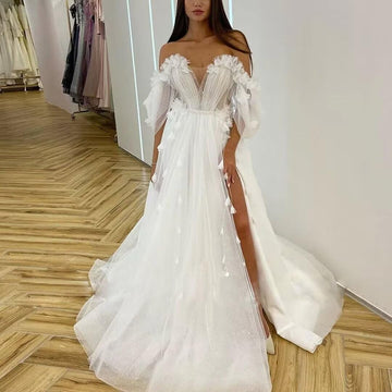 Wedding Dresses Fairy Sweetheart Neck Boho Bride Dresses 3D Flowers Puff Sleeve Elegant Wedding Gowns suknia ślubna Bridal Gown