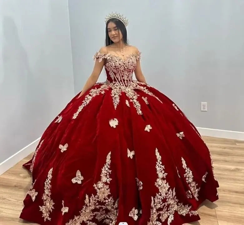 Burgundy Satin Quinceanera Dresses Gold Flower Butterfly Appliques Princess Birthday Party Gown Vestidos de 15 años