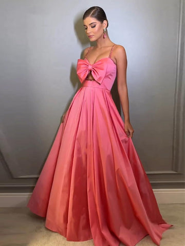 Formal Pink Prom Dresses With Bow Saudi Arabia Evening Dress A Line Satin Spaghetti Straps Special Party Gowns Long