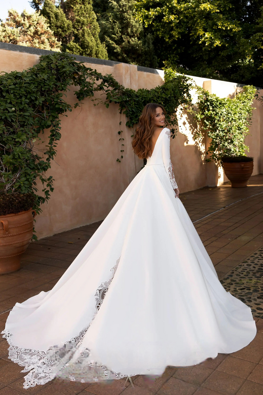 Lorie matte macio cetim manga longa vestidos de casamento rendas decote em v uma linha vestido de noiva vestidos de novia trem varredura vestidos de casamento