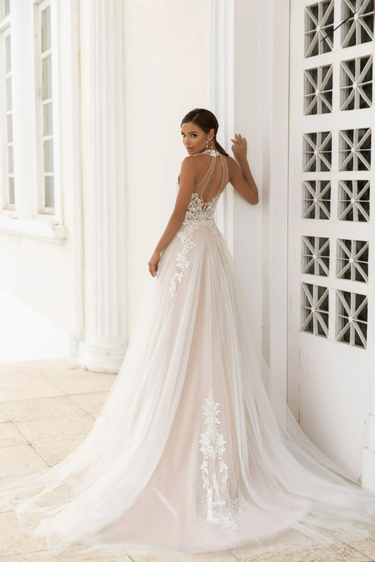 MSIKODS BOHO Une robe de mariée linker line pour les mariées Appliques en dentelle vintage Backless Tulle Robe Bridal Femme Boue de mariée